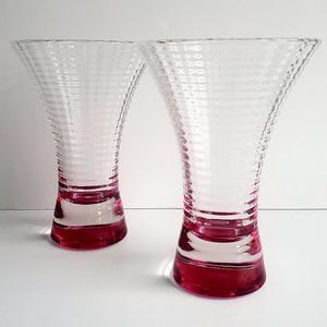Modernist Glass Vase Set of 2 Wide Opening Trumpet Top Ribbed Design Fucshia